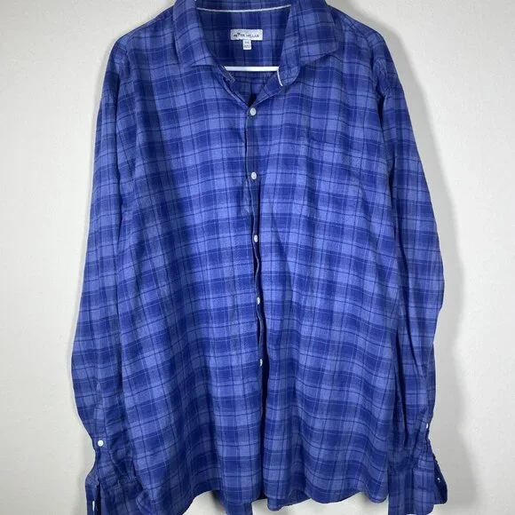 Peter Millar Men's Long Sleeve Plaid Navy Button-Up Shirt 100% Cotton XXL - Picture 1 of 6